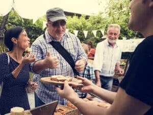 sampling food at street fair